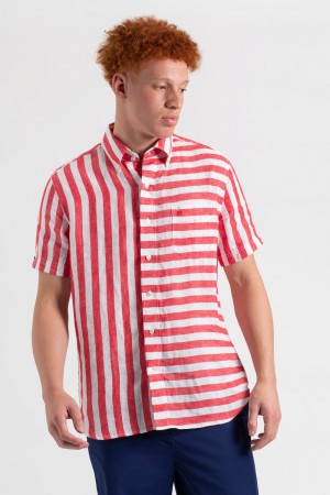 Camisas Ben Sherman B by Ben Sherman Candy Stripe Linen Short Sleeve Rosas Rojas | CO1957208