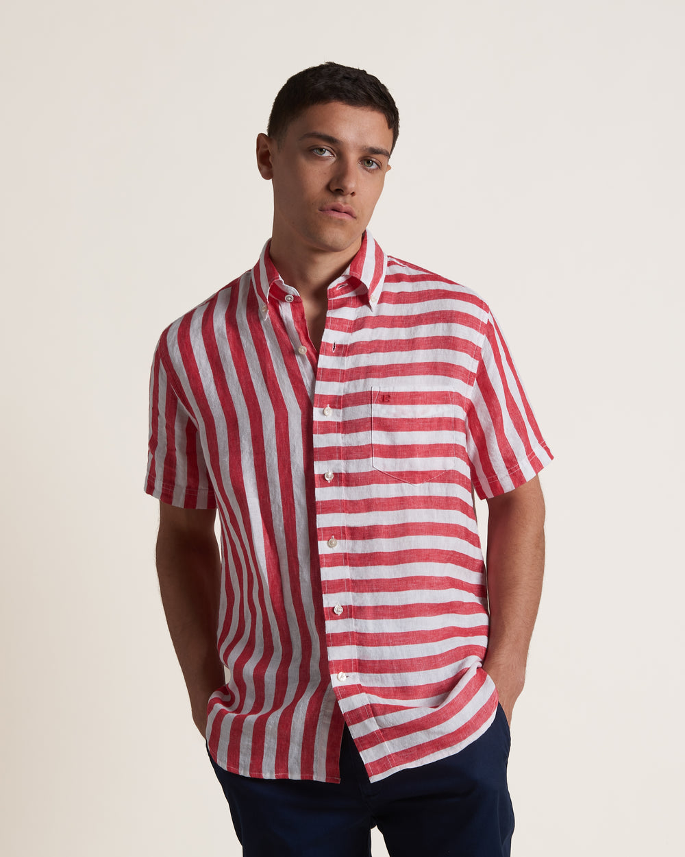 Camisas Ben Sherman B by Ben Sherman Candy Stripe Linen Short Sleeve Rosas Rojas | CO1957208