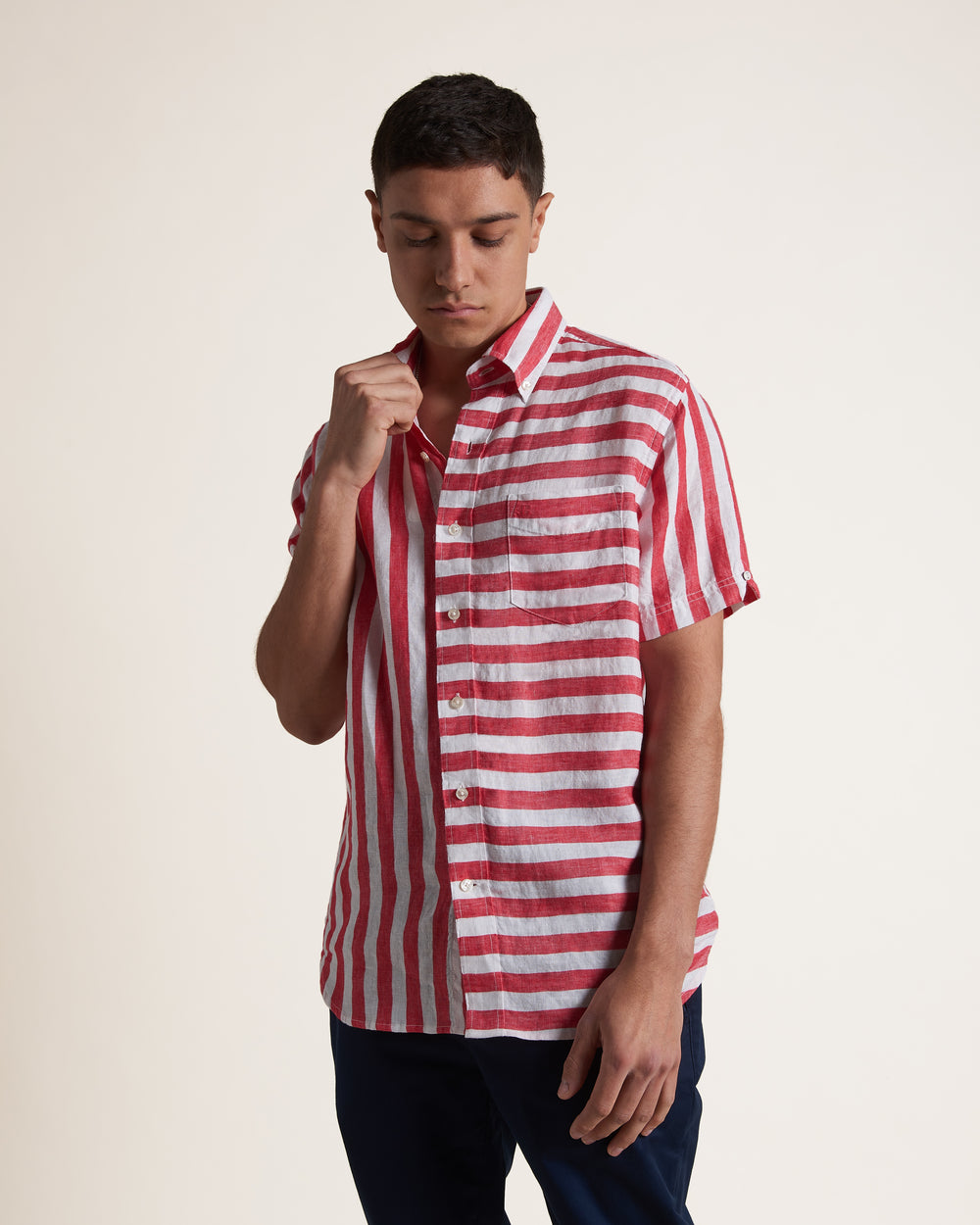 Camisas Ben Sherman B by Ben Sherman Candy Stripe Linen Short Sleeve Rosas Rojas | CO1957208