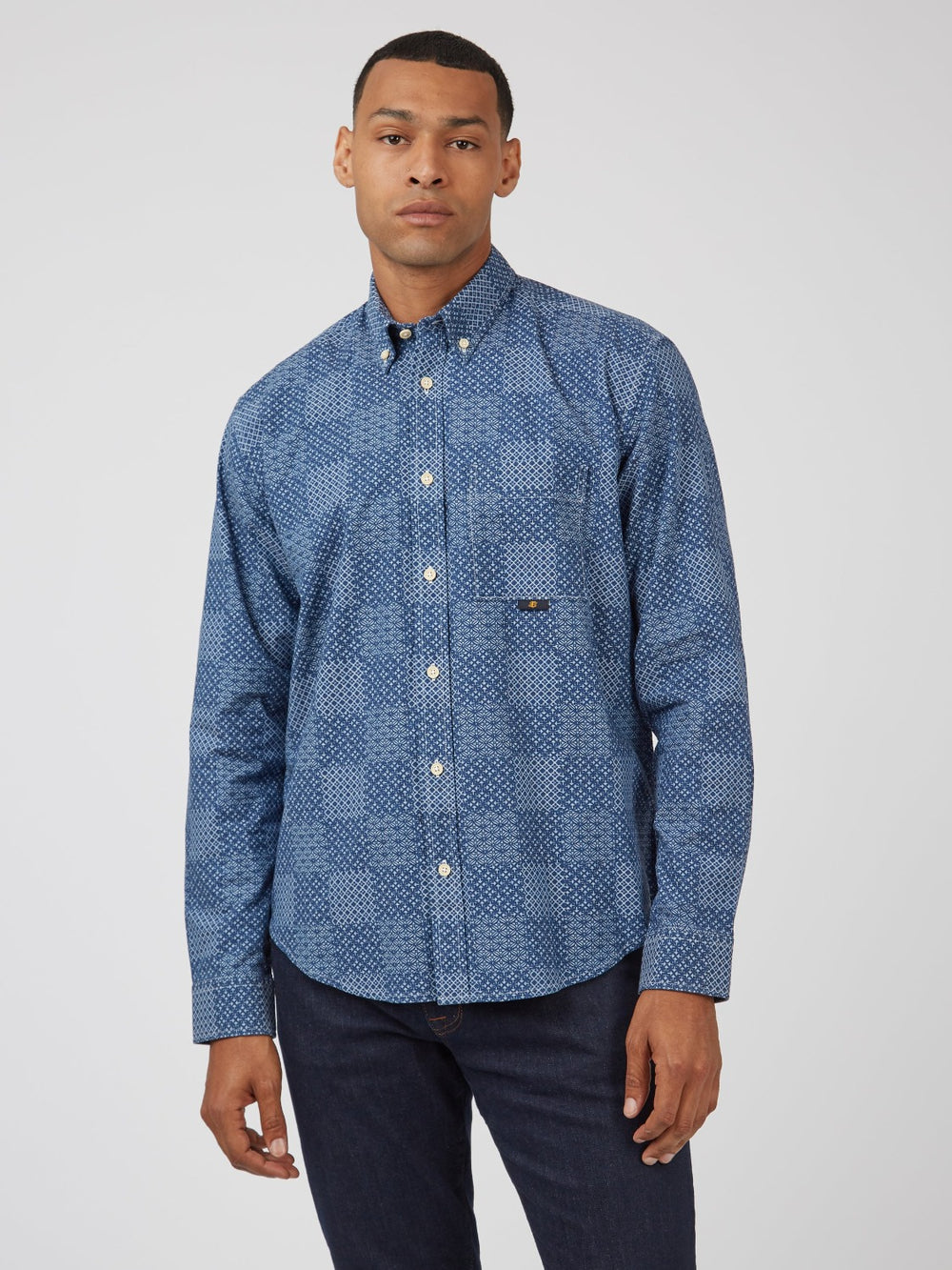 Camisas Ben Sherman Chambray Patchwork Geo Print Long-Sleeve Azules | XJ8157326