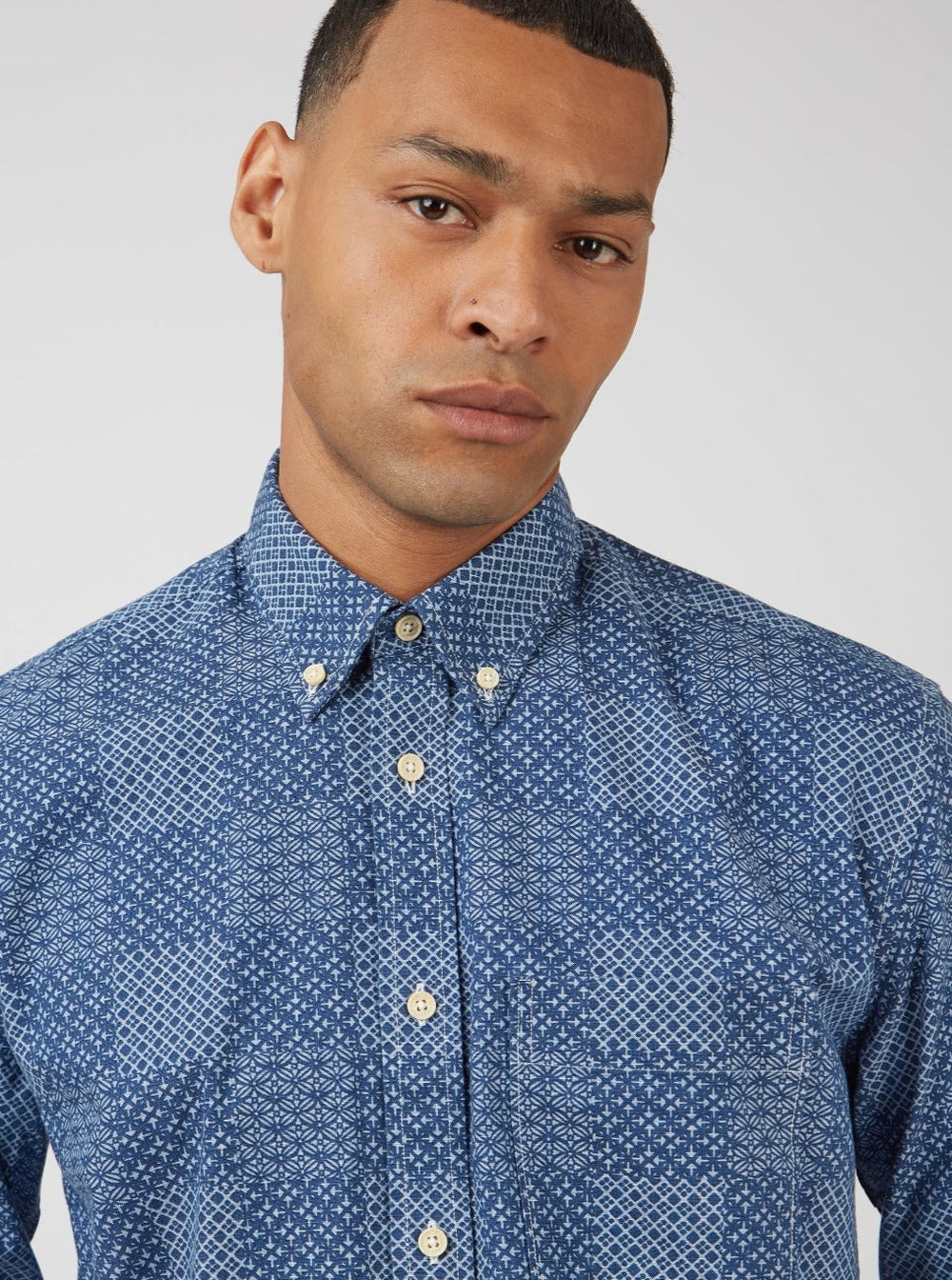 Camisas Ben Sherman Chambray Patchwork Geo Print Long-Sleeve Azules | XJ8157326