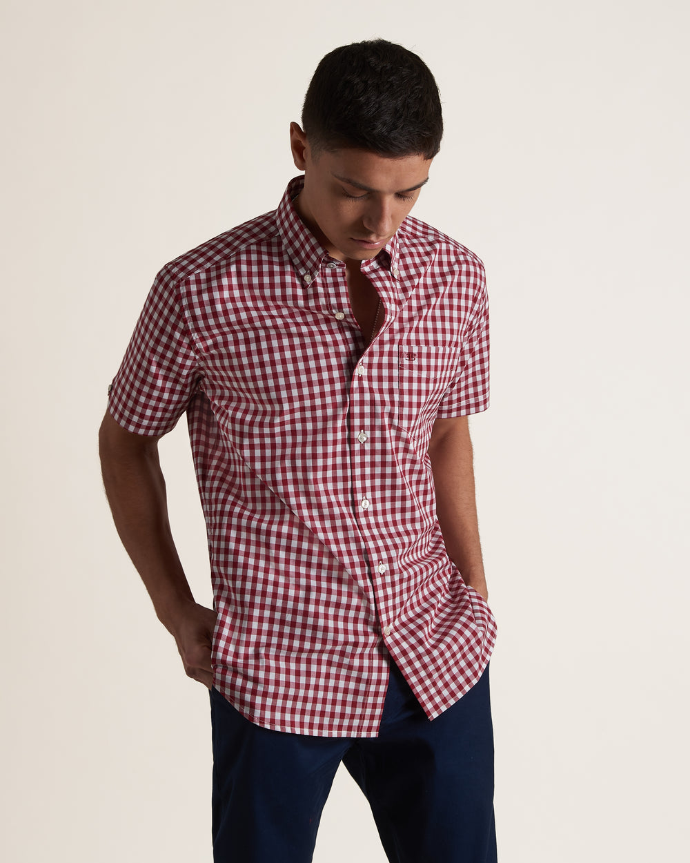 Camisas Ben Sherman Short Sleeve House Poplin Gingham Burdeos | PM4718269